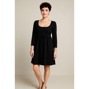 W by Worth Black Silk Long Sleeve Scoop Neck Empire‎ Waist Midi Dress Size 12